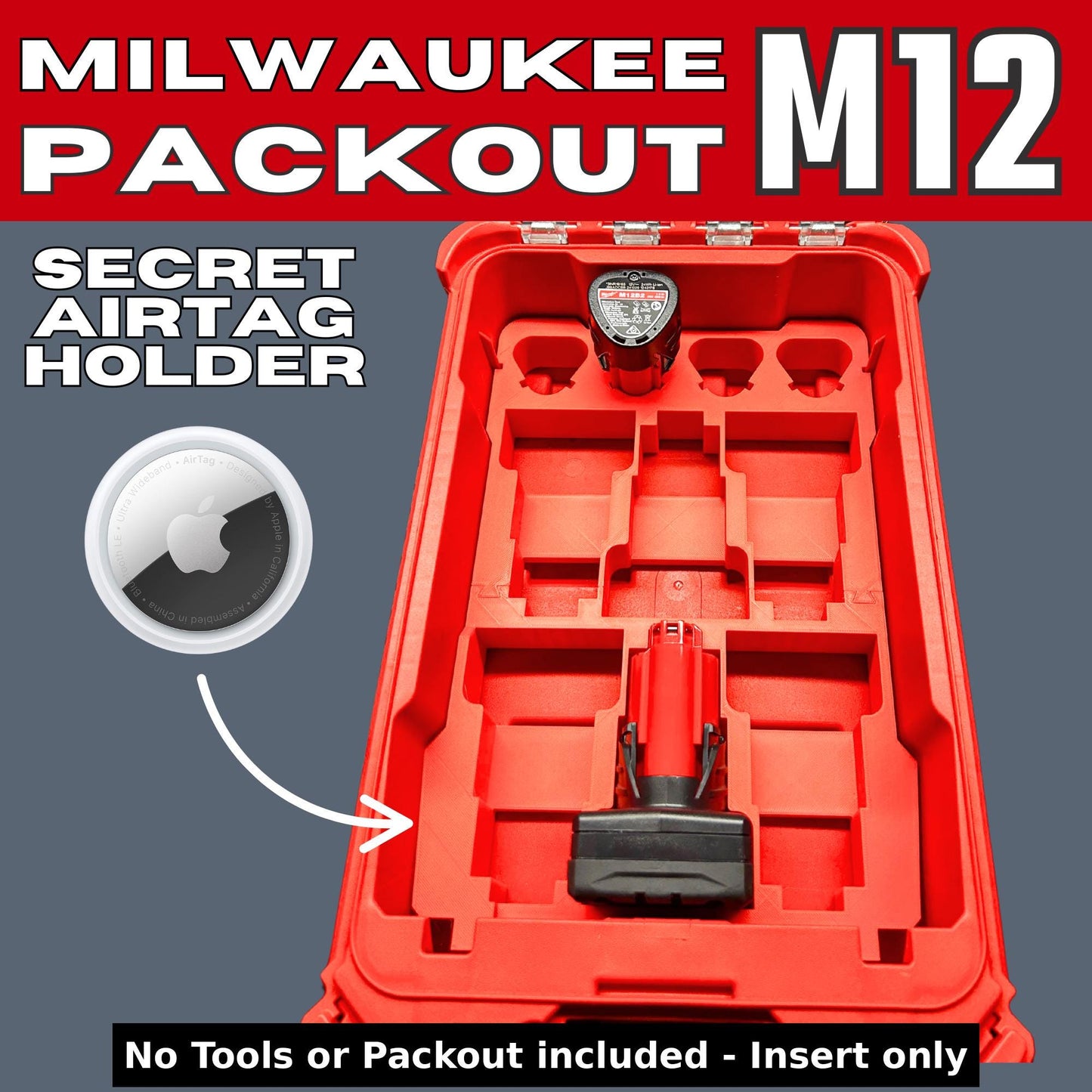 Packout Insert for M12 Batteries – Fits 48-22-8435 | AirTag Slot | 48-11-2401, 2430, 2440, 2460 | M12B2, M12B3, M12B4, M12B6 Compatible
