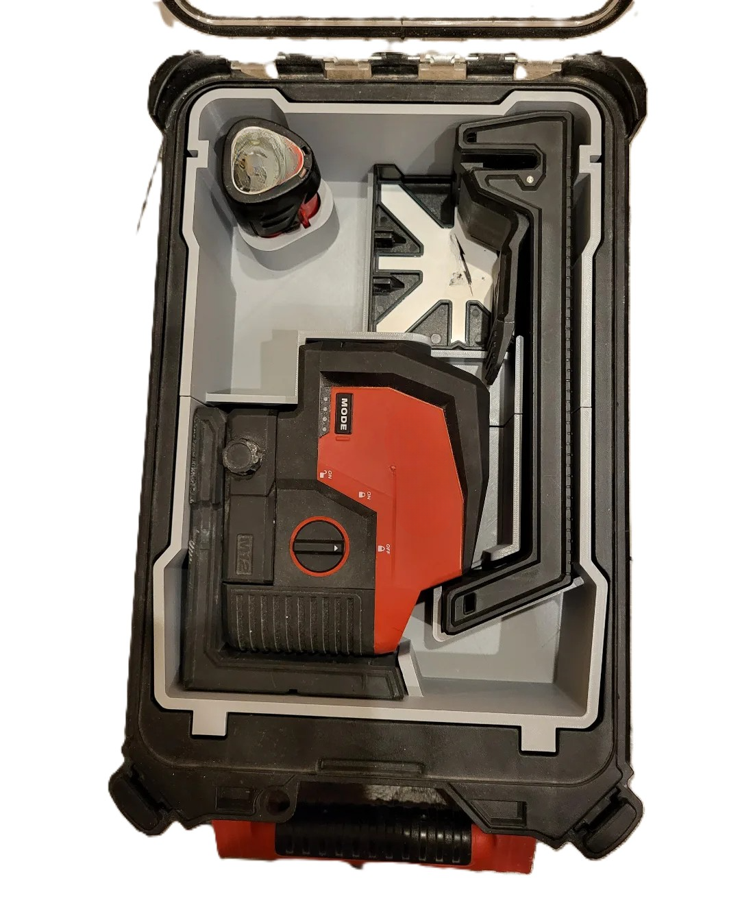 Milwaukee M12 Laser Level Insert for Packout Box #48228435 with close-up view of organized Milwaukee M12 laser level and accessories within the Packout box.