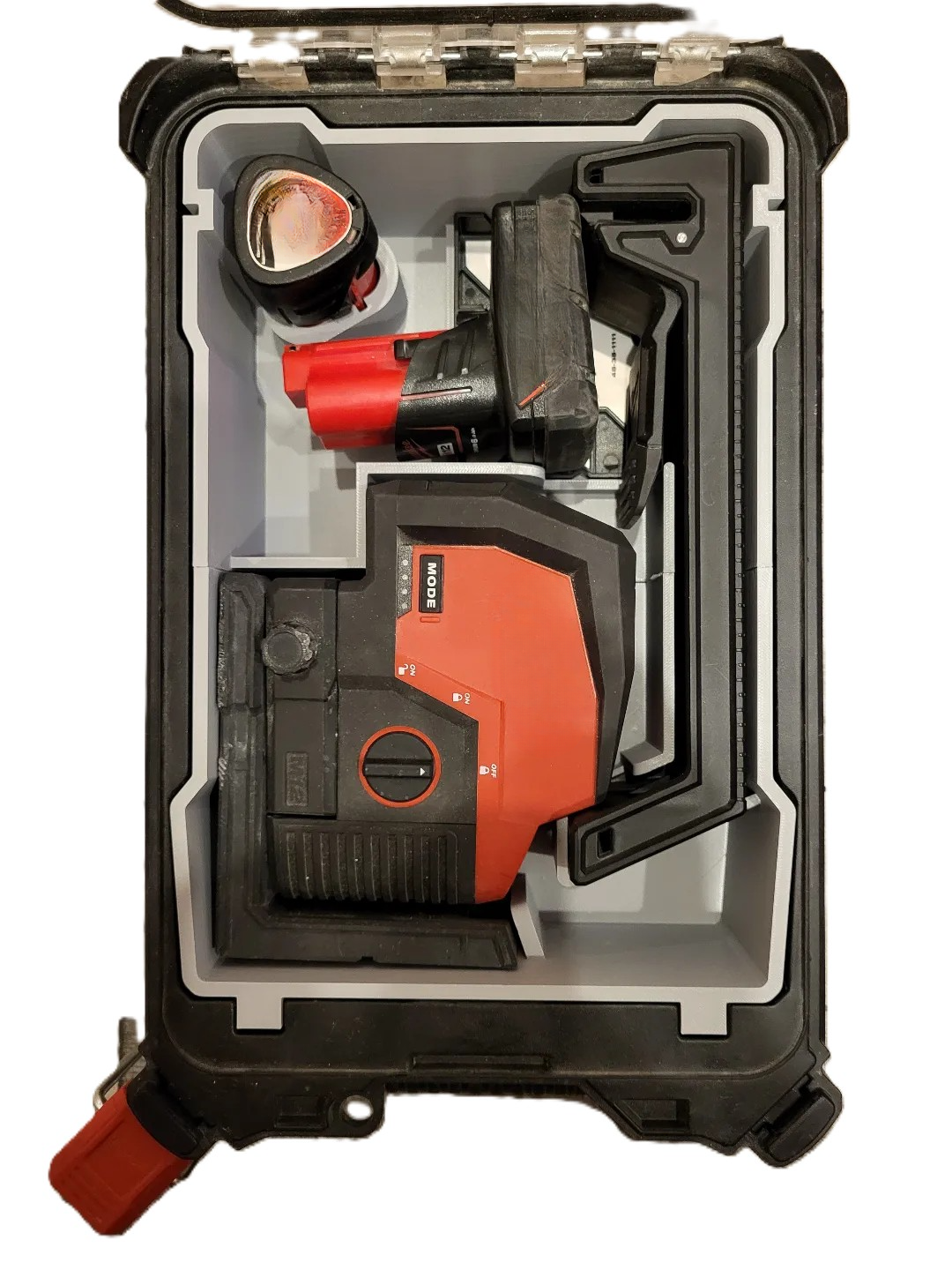 Milwaukee M12 Laser Level Insert for Packout Box #48228435 displaying organized layout of Milwaukee M12 tools including a laser level and additional accessories.