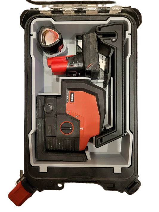 Milwaukee M12 Laser Level Insert for Packout Box #48228435 displaying organized layout of Milwaukee M12 tools including a laser level and additional accessories.