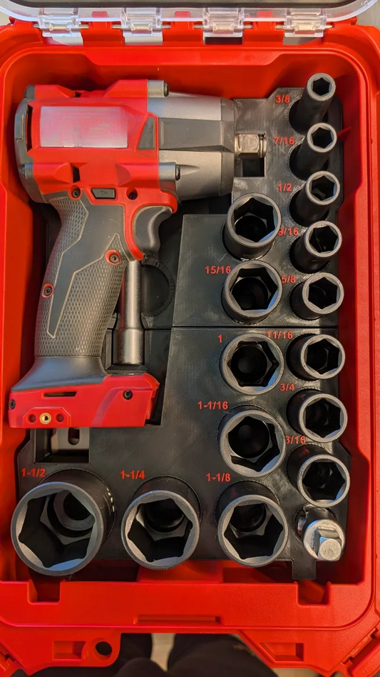 Packout Insert for Milwaukee 1/2" Mid-Torque Wrench - USA 2962-20, AUS/UK M18FIW2F12 showcasing the wrench and SAE sockets neatly organized in a Milwaukee Packout Box.