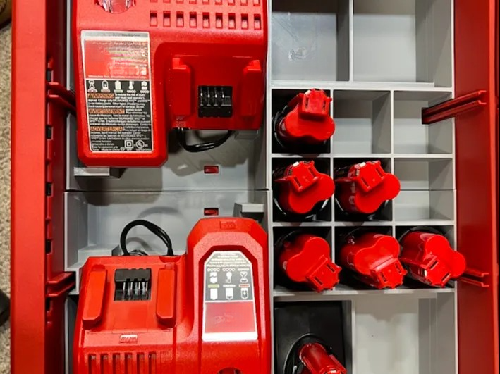 Packout Insert For Milwaukee M12 & M18 Chargers – Compatible 2-Drawer & 3-Drawer Insert Showing Organized Tool Storage with Chargers and Batteries in Place