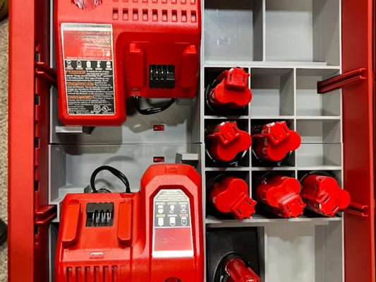 Packout Insert For Milwaukee M12 & M18 Chargers – Compatible 2-Drawer & 3-Drawer Insert Showing Organized Tool Storage with Chargers and Batteries in Place