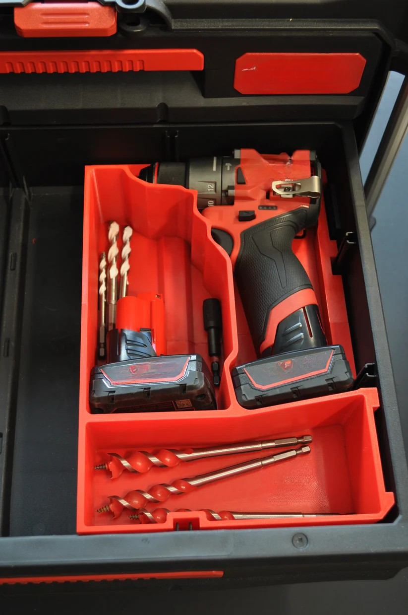 Milwaukee M12 Fuel Drill Gen 3 Packout Insert showing organized compartments for the drill, batteries, and accessories, designed for model 3403-20.