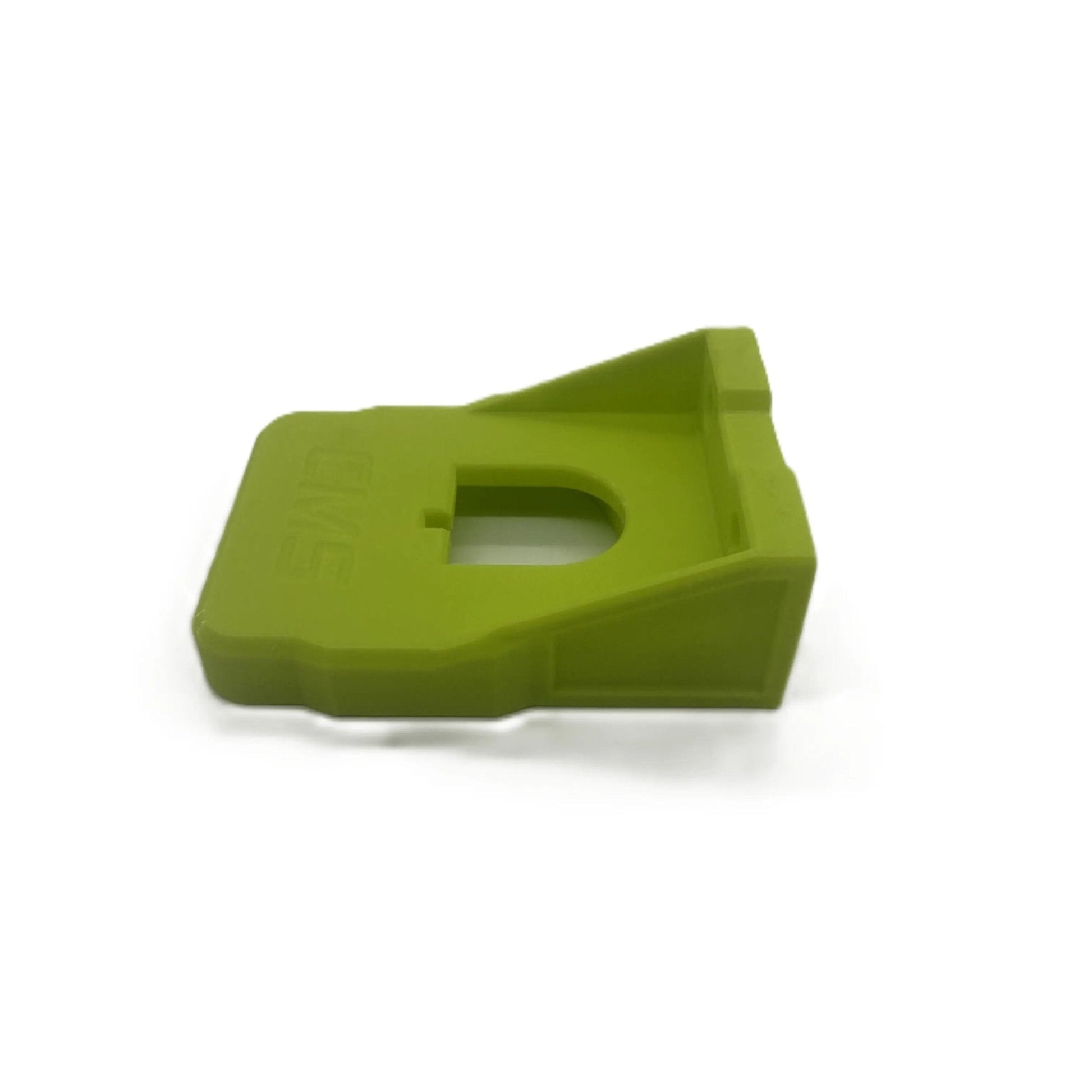 Side view of Ryobi 18V Battery Holder - PETG Wall Mount Organizer in green, highlighting its sturdy design for efficient tool organization.
