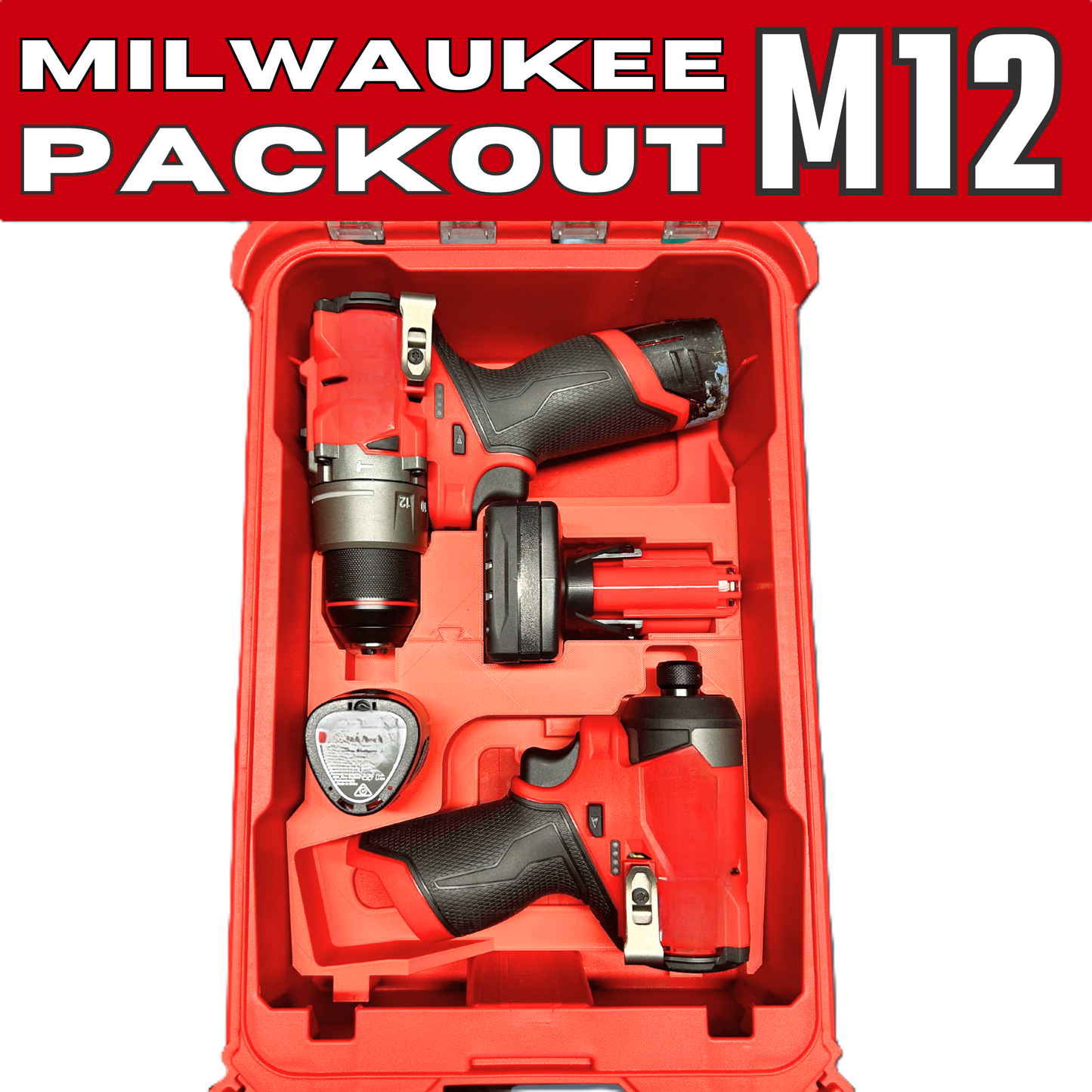 Complete setup of Packout Insert to Suit M12 Drill & Impact Driver, featuring organized compartments for tools and an Airtag holder for tracking.