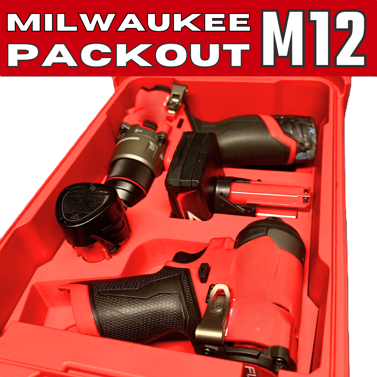 Packout Insert to Suit M12 Drill & Impact Driver + Batteries – Compatible with Packout 48-22-8435, featuring organized storage for M12 tools and batteries in a red tray.