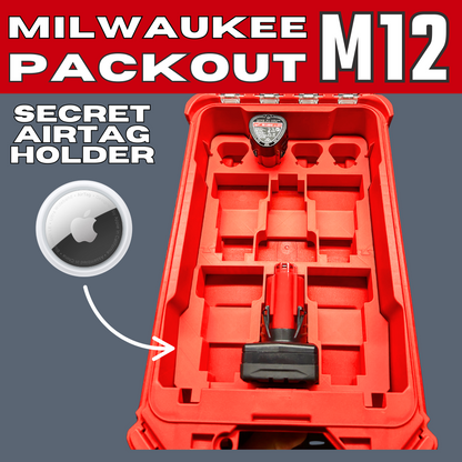 Milwaukee Packout M12 insert featuring a secret AirTag holder for secure battery storage. Compatible with Milwaukee Packout Toolbox 48-22-8435.
