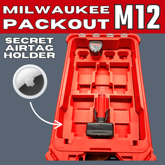 Milwaukee Packout M12 insert featuring a secret AirTag holder for secure battery storage. Compatible with Milwaukee Packout Toolbox 48-22-8435.