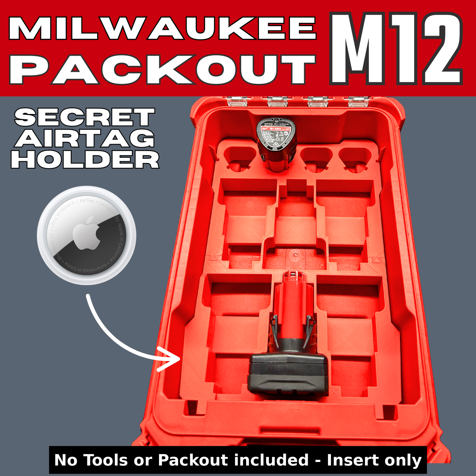 Milwaukee Packout M12 insert showcasing a secret AirTag holder, made for effective battery placement in Milwaukee Packout Toolbox 48-22-8435.