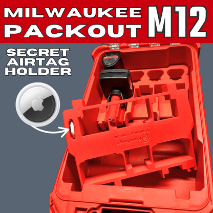Detailed look at Milwaukee Packout M12 insert containing a secret AirTag holder, ideal for Milwaukee Packout Toolbox 48-22-8435 with battery storage.