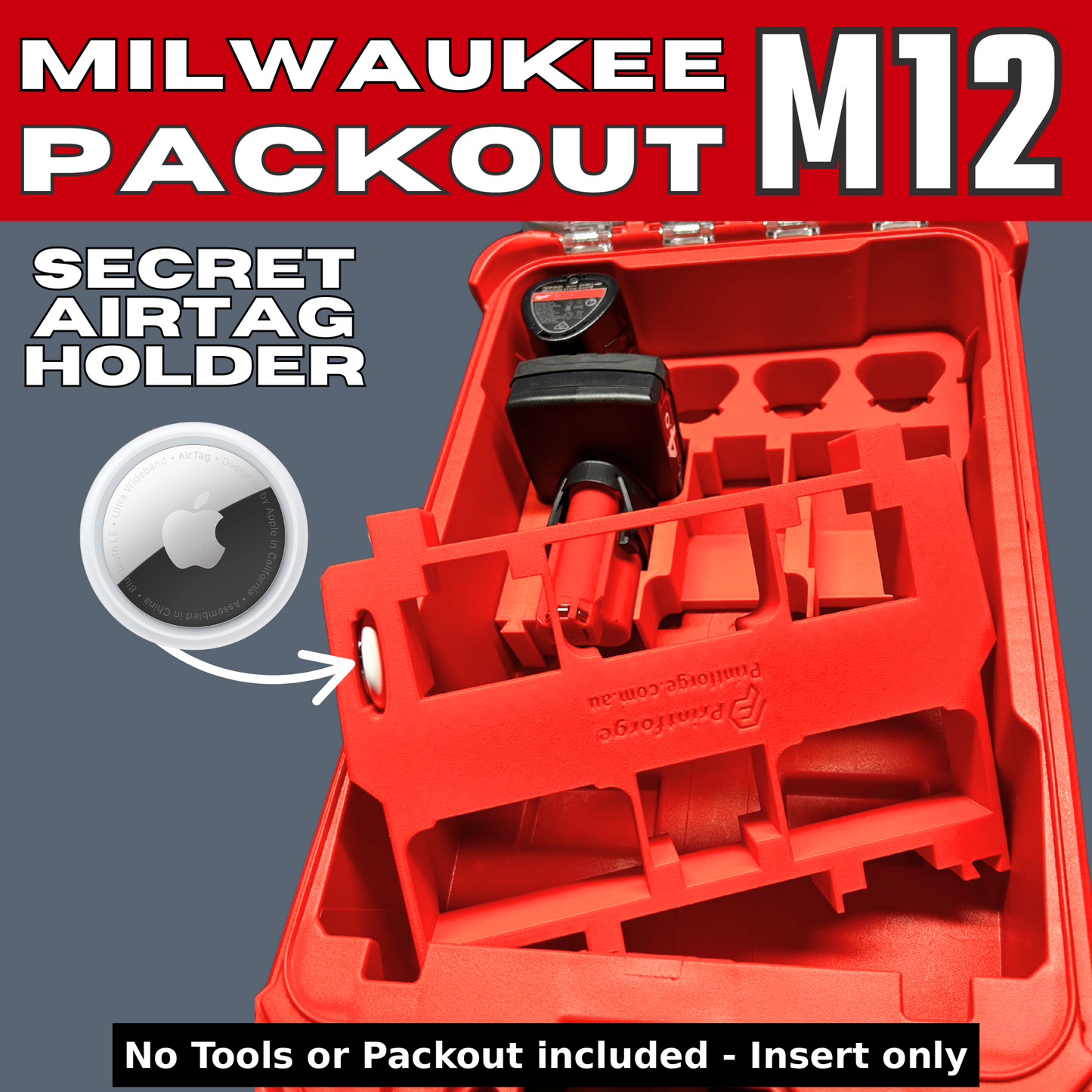 Close-up view of Milwaukee Packout M12 insert with hidden AirTag holder, designed for safe battery organization. Suitable for Milwaukee Packout Toolbox 48-22-8435.