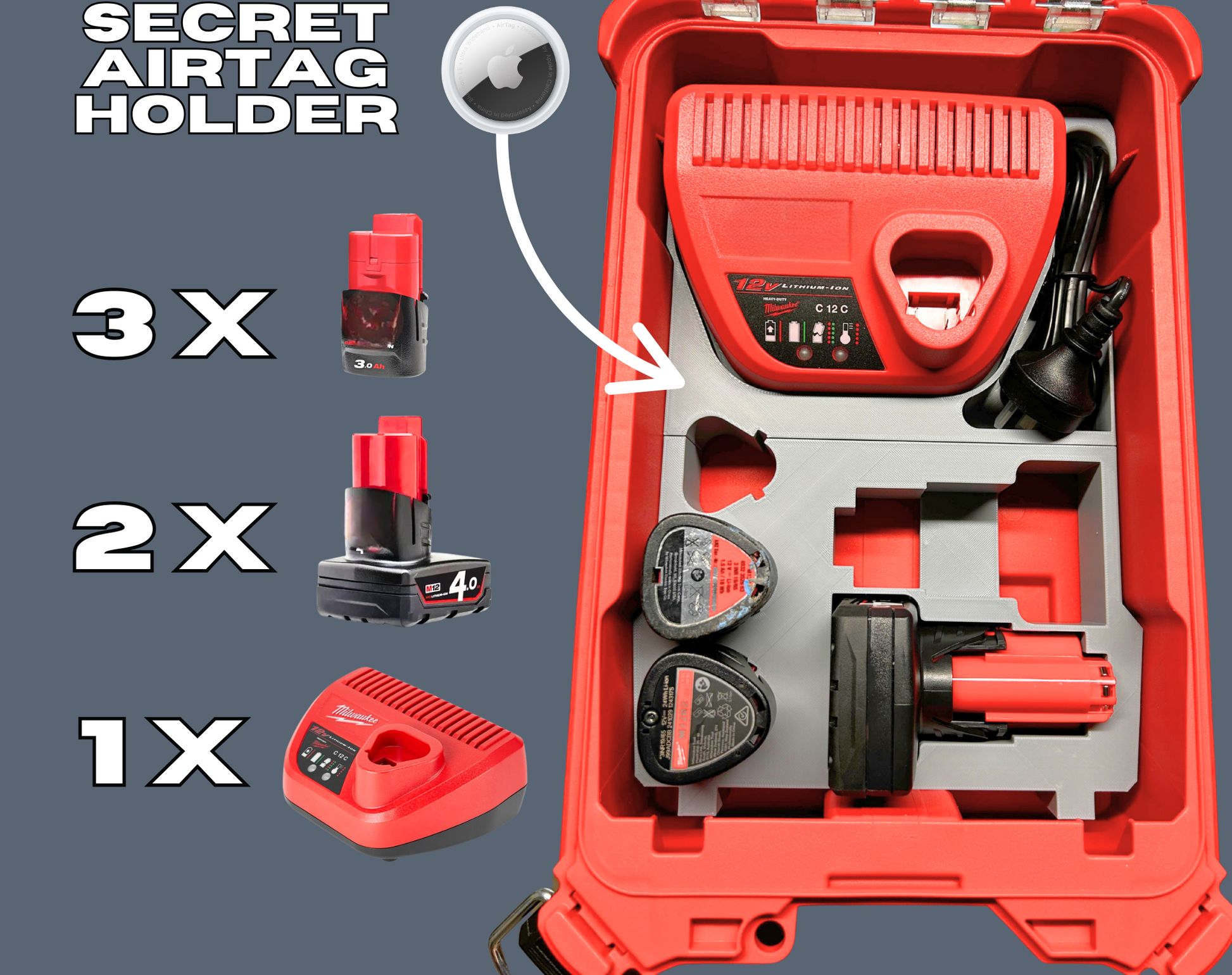 Packout Insert to Suit M12 Charger & Batteries with a secret Airtag holder, illustrating the battery and charger storage solution designed for Milwaukee Packout 48-22-8435.