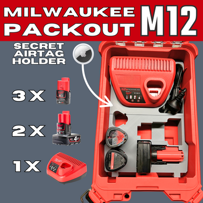Packout Insert to Suit M12 Charger & Batteries – Compatible with Milwaukee Packout 48-22-8435. Features a secure storage tray for the M12 charger and batteries, including a hidden Airtag holder for theft recovery, showcasing the fast and efficient battery organization.