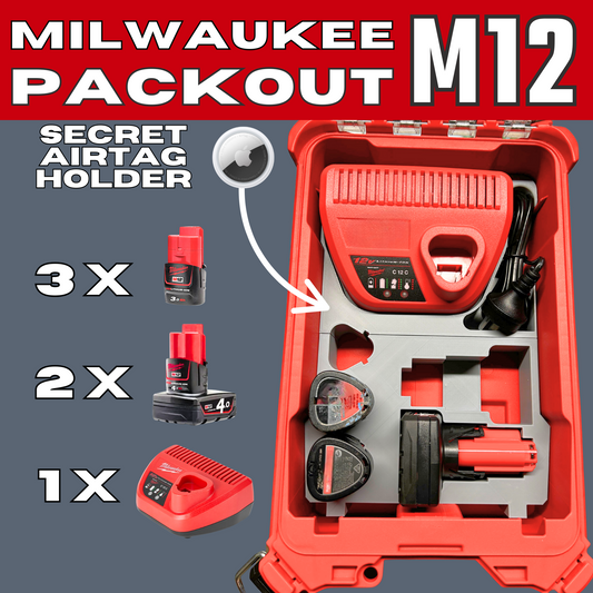 Packout Insert to Suit M12 Charger & Batteries – Compatible with Milwaukee Packout 48-22-8435. Features a secure storage tray for the M12 charger and batteries, including a hidden Airtag holder for theft recovery, showcasing the fast and efficient battery organization.