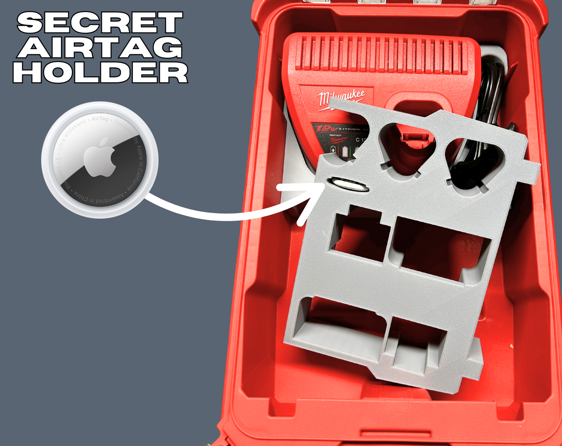 Packout Insert to Suit M12 Charger & Batteries featuring a secret Airtag holder for enhanced security, designed for Milwaukee Packout 48-22-8435.