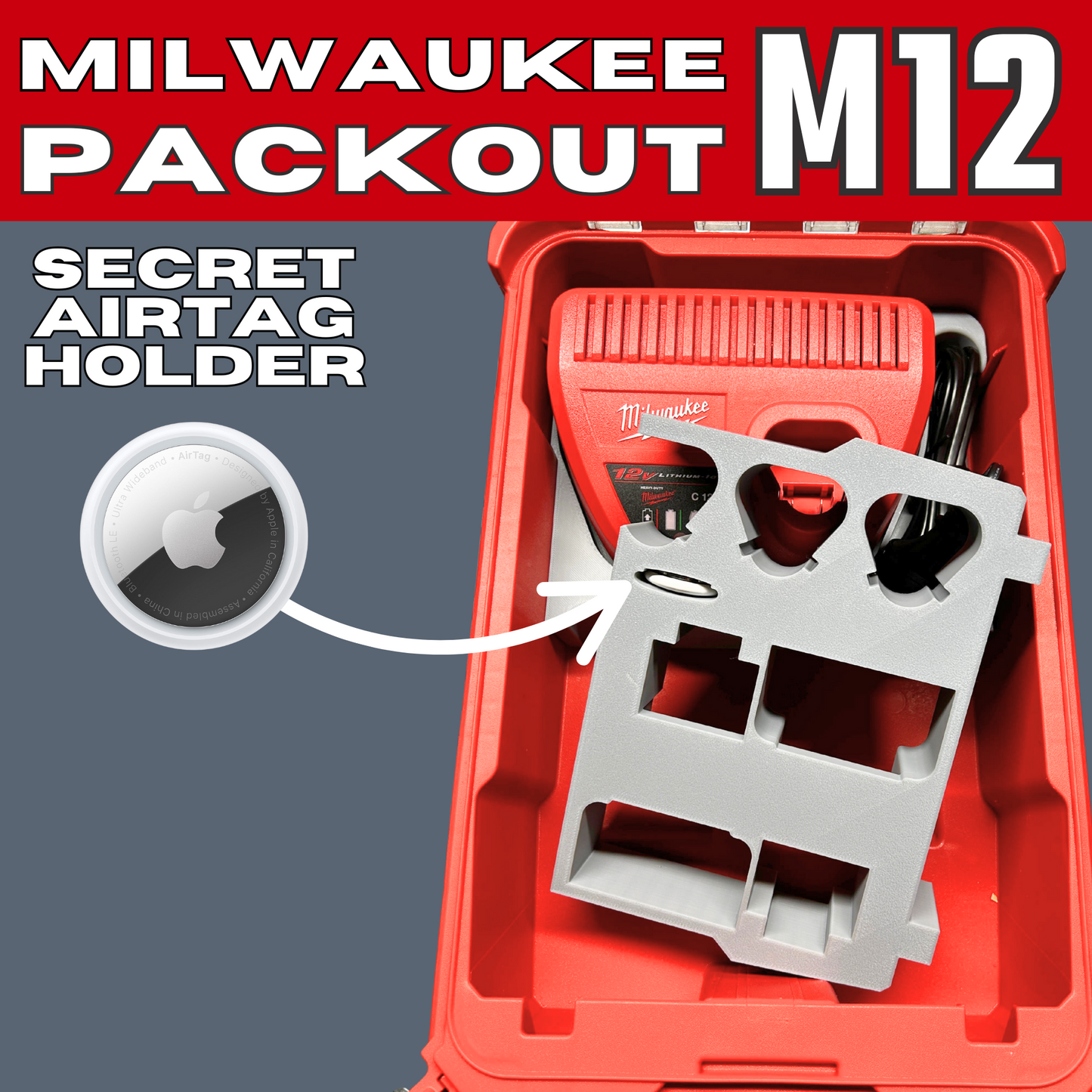 Packout Insert to Suit M12 Charger & Batteries, showcasing a hidden Airtag holder within the storage compartment, compatible with Milwaukee Packout 48-22-8435.