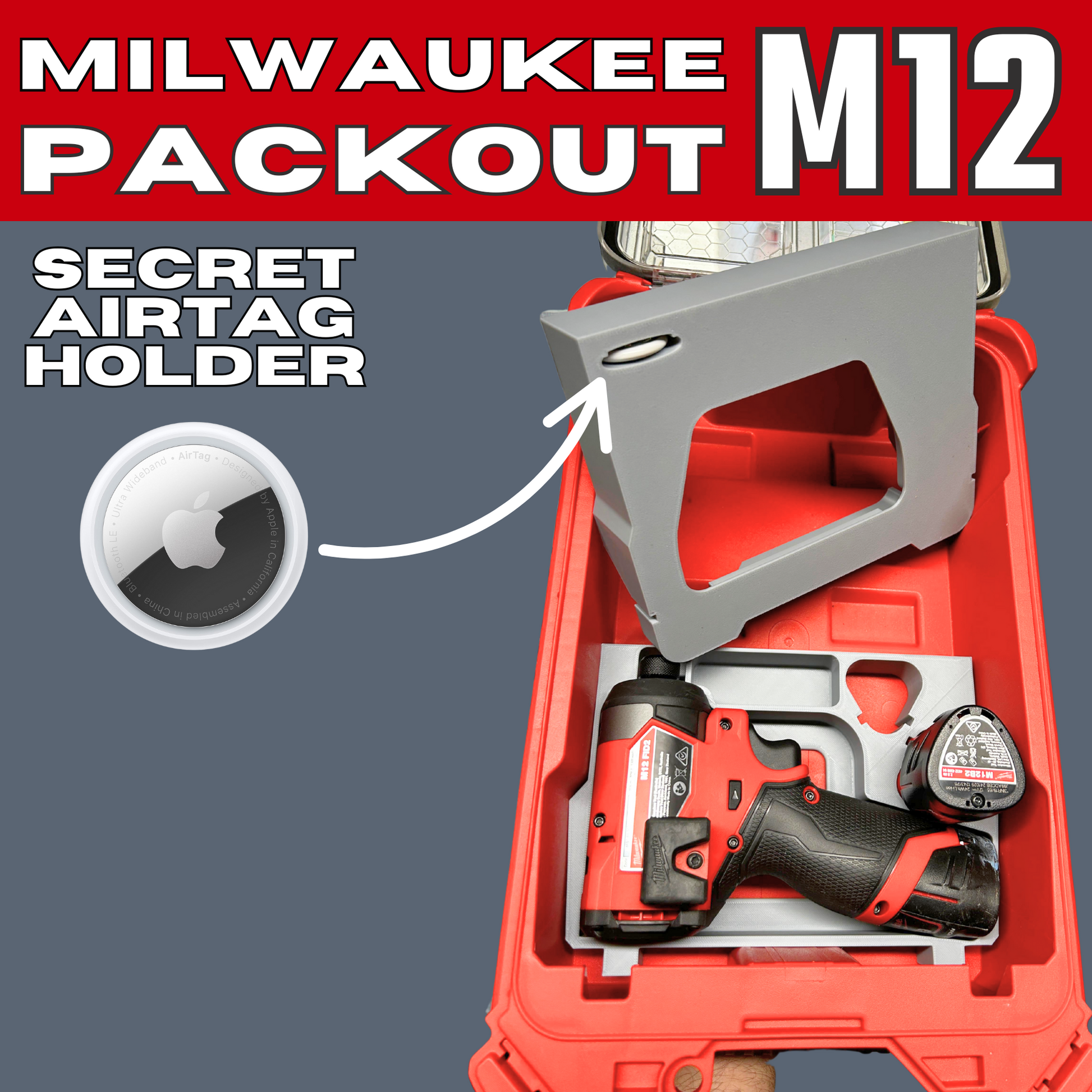 Packout Insert to Suit M12 Impact Driver, Charger & Batteries – Compatible with Milwaukee Packout Toolbox 48-22-8435, featuring the integrated secret Airtag holder and a secure space for M12 tools.