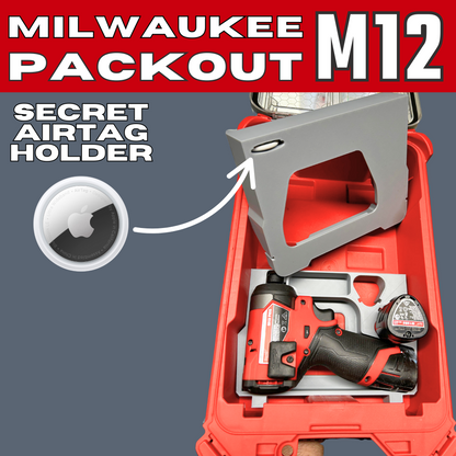 Packout Insert to Suit M12 Impact Driver, Charger & Batteries – Compatible with Milwaukee Packout Toolbox 48-22-8435, featuring the integrated secret Airtag holder and a secure space for M12 tools.
