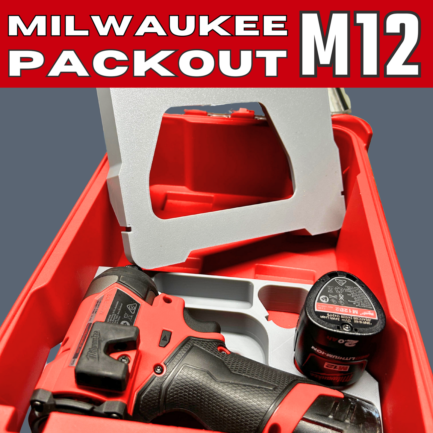 Packout Insert to Suit M12 Impact Driver, Charger & Batteries – Compatible with Milwaukee Packout Toolbox 48-22-8435. Image displaying the tray inside the toolbox holding the M12 Impact Driver.