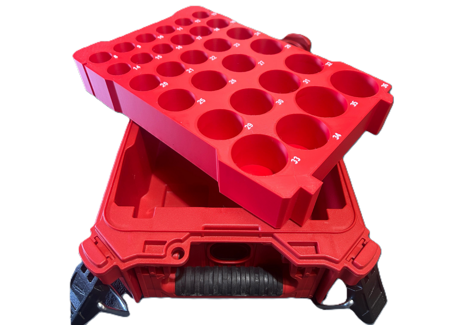 Packout Insert to Suit Metric Deep Socket Set – Compatible with Milwaukee Packout Toolbox System, showcasing a red mechanics tray designed for 1/2" metric sockets (8mm–32mm).