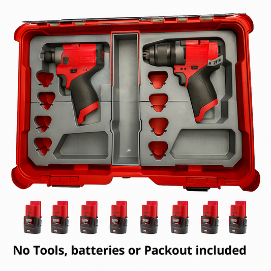 Packout Insert to Suit M12 Drill & Impact Driver – Compatible with Milwaukee Packout Organiser 48228430 displayed with dual tool holders for M12 FUEL Drill and M12 Impact Driver, showcasing organizational features; no tools, batteries, or Packout included.