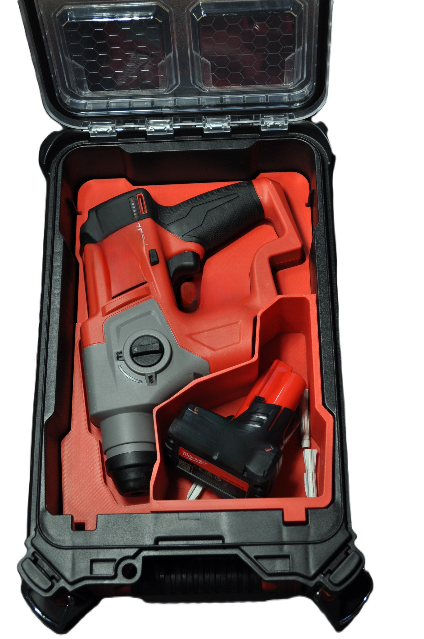 Packout Insert For Milwaukee M12 Fuel SDS Plus Rotary Hammer – 2416-20, M12CH – Insert Only showcasing a rotary hammer and battery in a neatly arranged compartment.