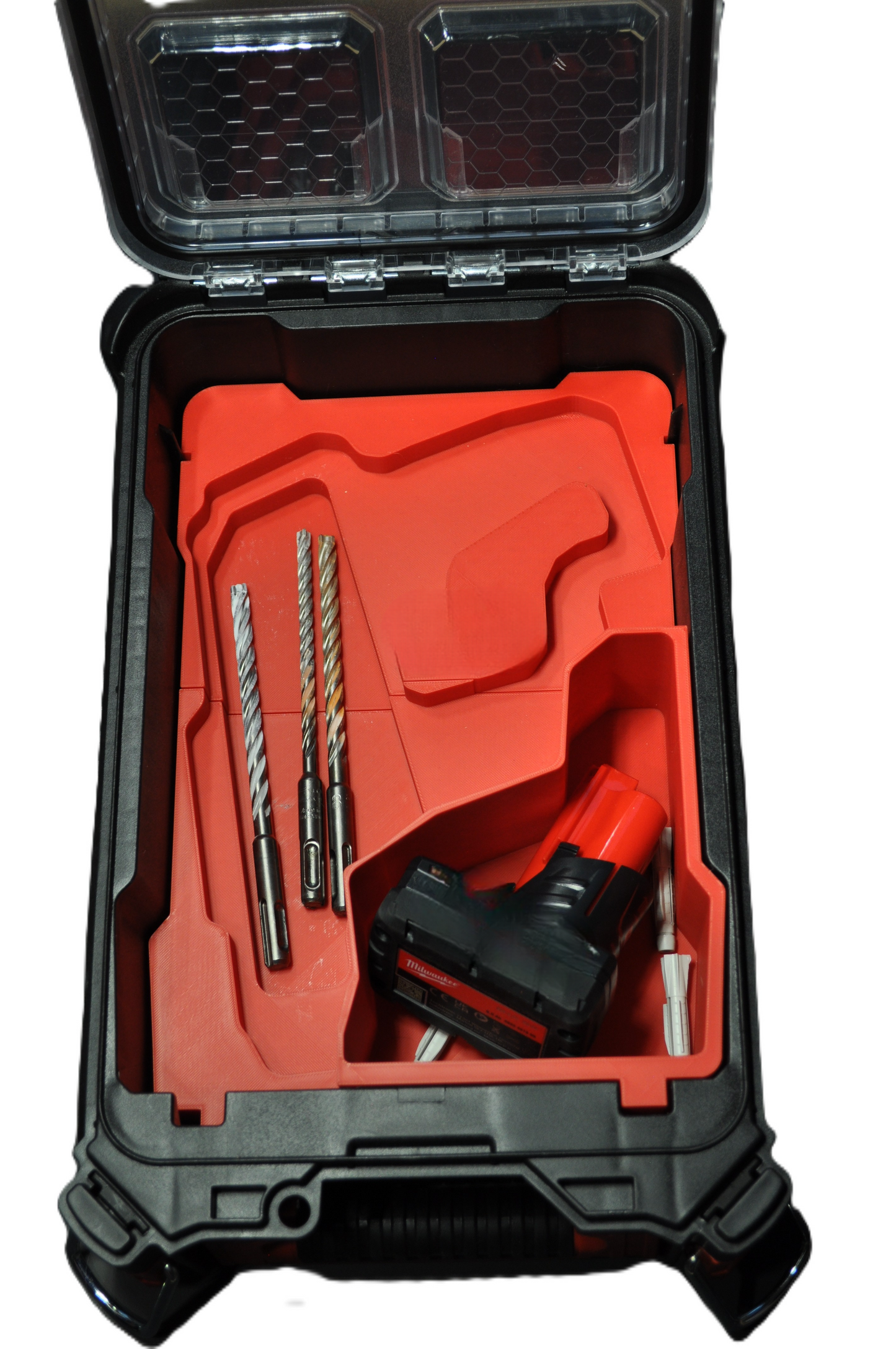 Packout Insert For Milwaukee M12 Fuel SDS Plus Rotary Hammer – 2416-20, M12CH – Insert Only featuring rotary hammer and drill bits organized in the insert.