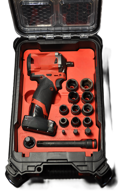 Milwaukee M12 Fuel 1/2" Impact Wrench Insert for Packout – Insert Only, showcasing the wrench and socket arrangement inside a sturdy Packout case.