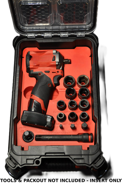 Milwaukee M12 Fuel 1/2" Impact Wrench Insert for Packout – Insert Only, featuring a compact design with a wrench and various sockets organized neatly in a protective case.