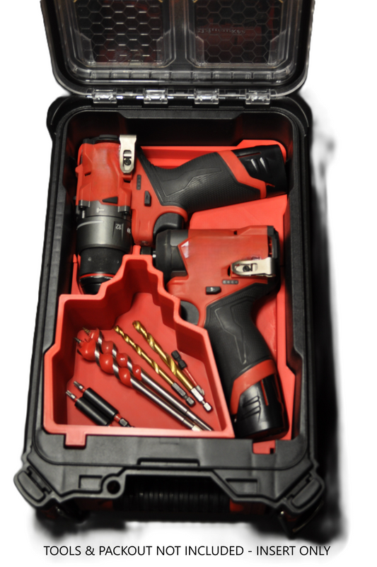 Milwaukee M12 Fuel Drill & Impact Driver Insert USA 3404-20 / 3453-20 – Insert Only displayed in a tool storage case, showing the organized placement of drills and accessories.