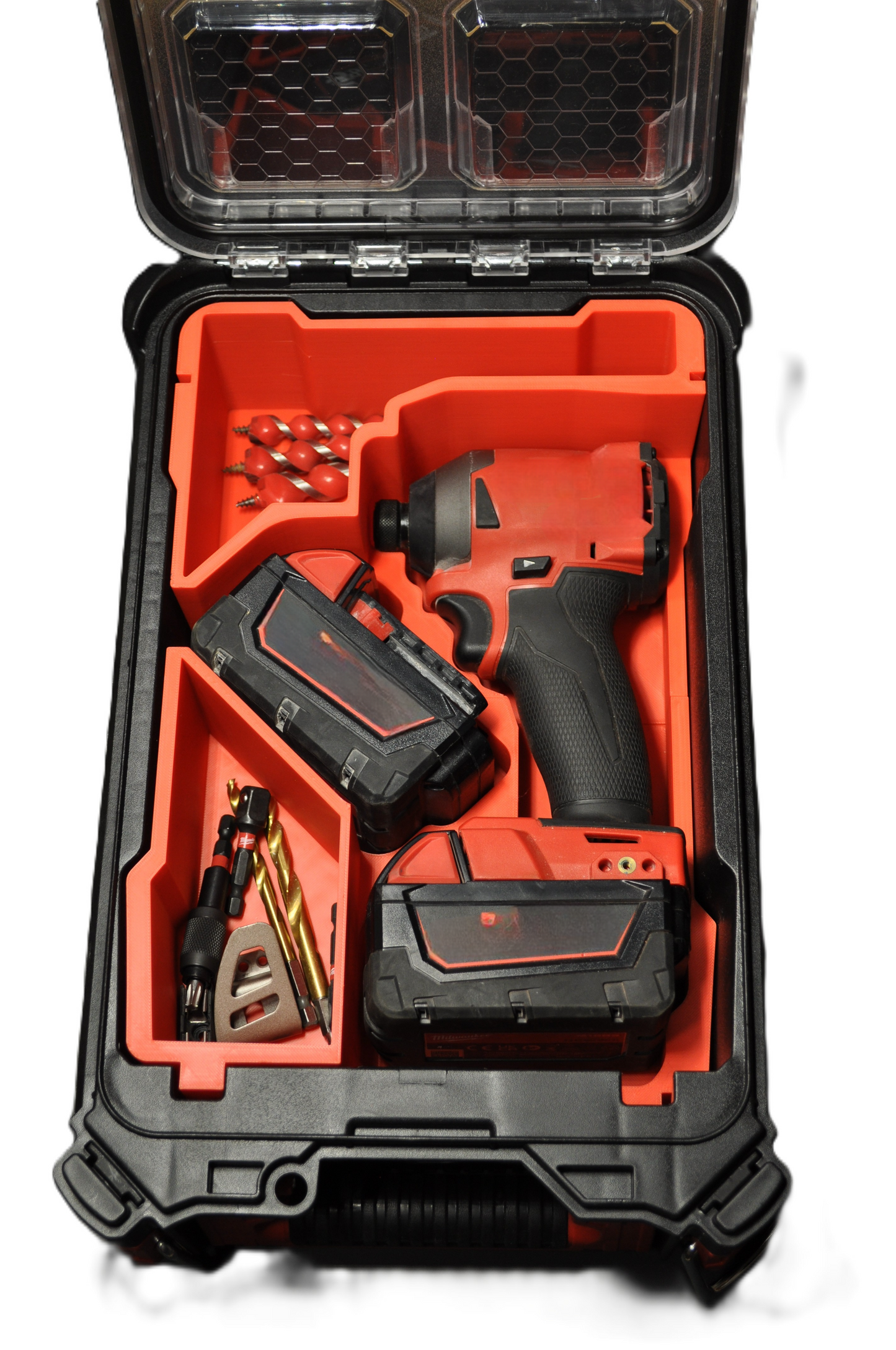 Milwaukee M18 Fuel Impact Driver Gen 4 Packout Insert 2855-20 M18FID3 showcasing a well-organized tool storage layout with impact driver and battery slots.