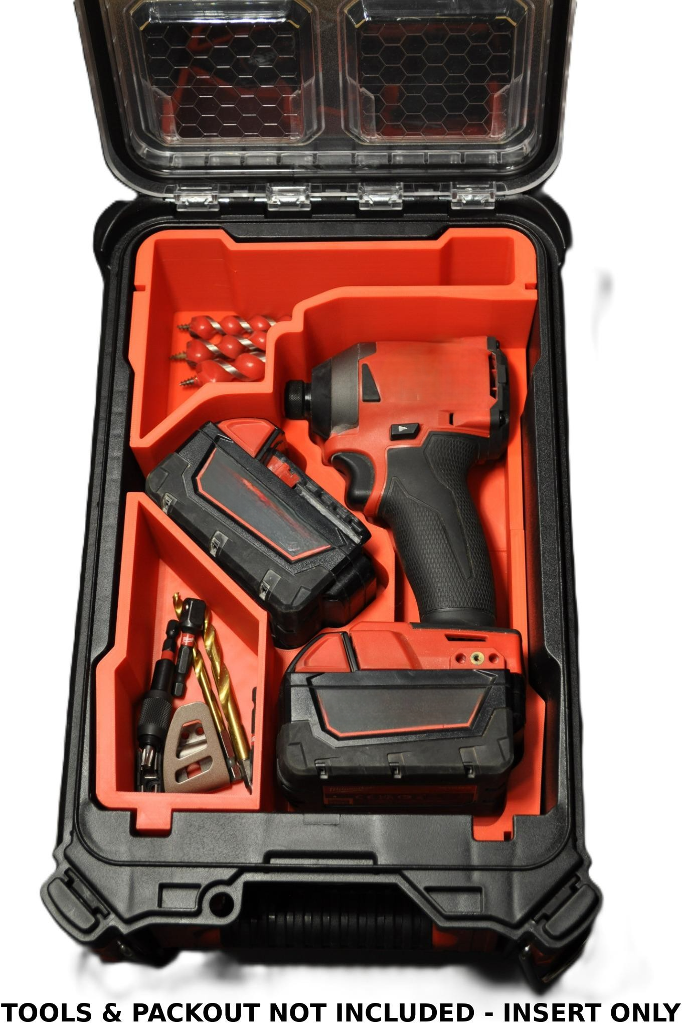 Milwaukee M18 Fuel Impact Driver Gen 4 Packout Insert 2855-20 M18FID3 displayed within a sturdy black case, showcasing the custom-fit design and secure storage for tools, with a note indicating that tools and Packout are not included.