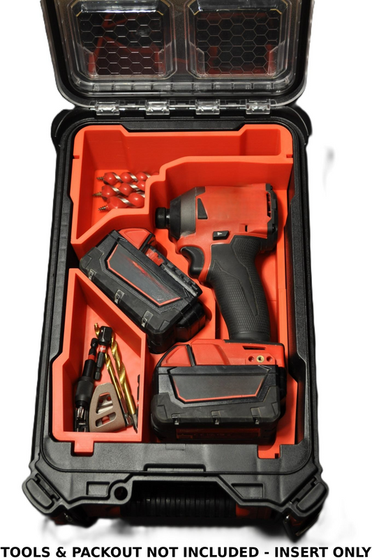 Milwaukee M18 Fuel Impact Driver Gen 4 Packout Insert 2855-20 M18FID3 displayed within a sturdy black case, showcasing the custom-fit design and secure storage for tools, with a note indicating that tools and Packout are not included.