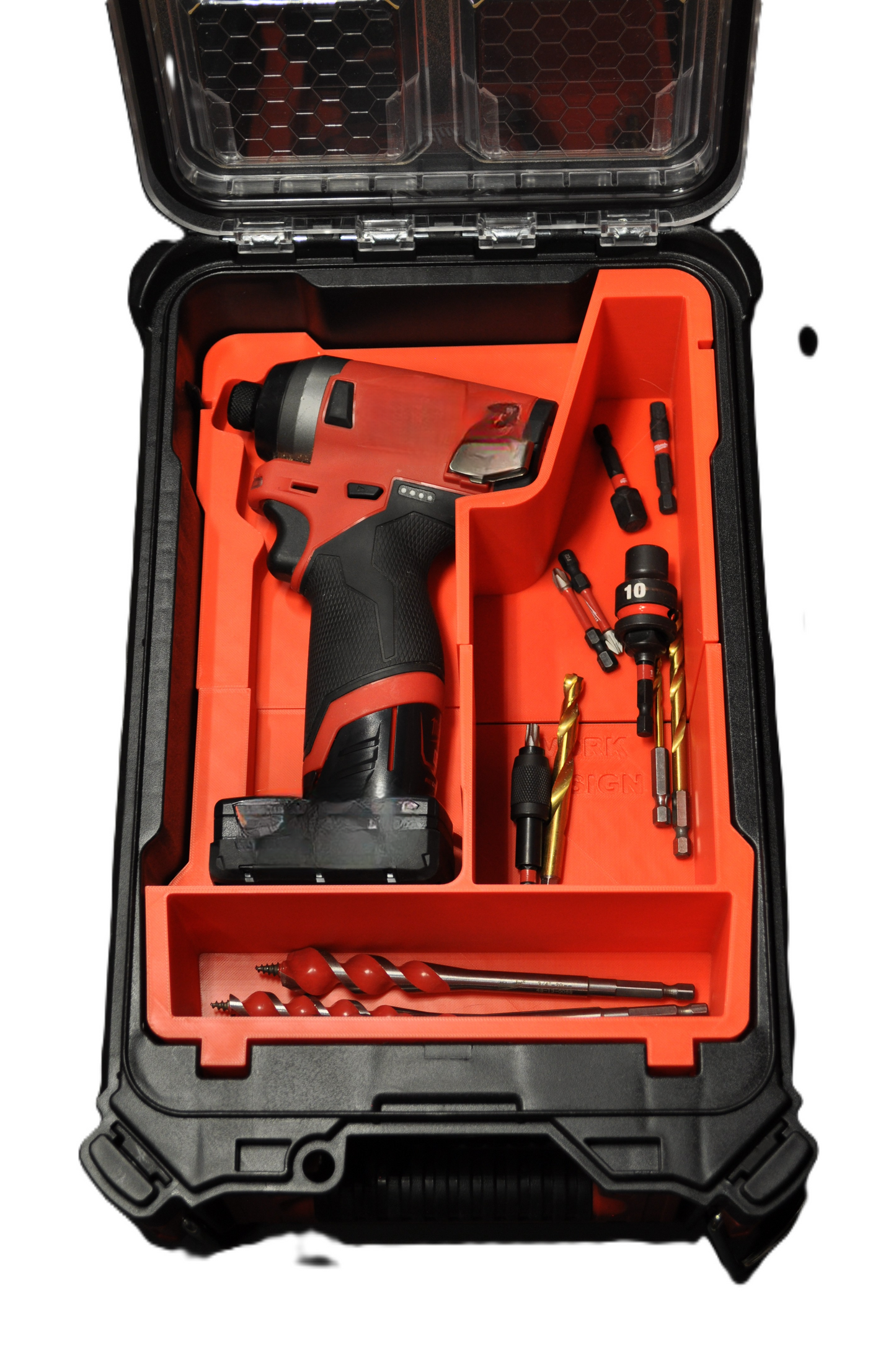 Milwaukee M12 Fuel Impact Driver Gen 2 Insert USA 2553-20 - showing the organized insert with the impact driver and various accessories within a Packout case.
