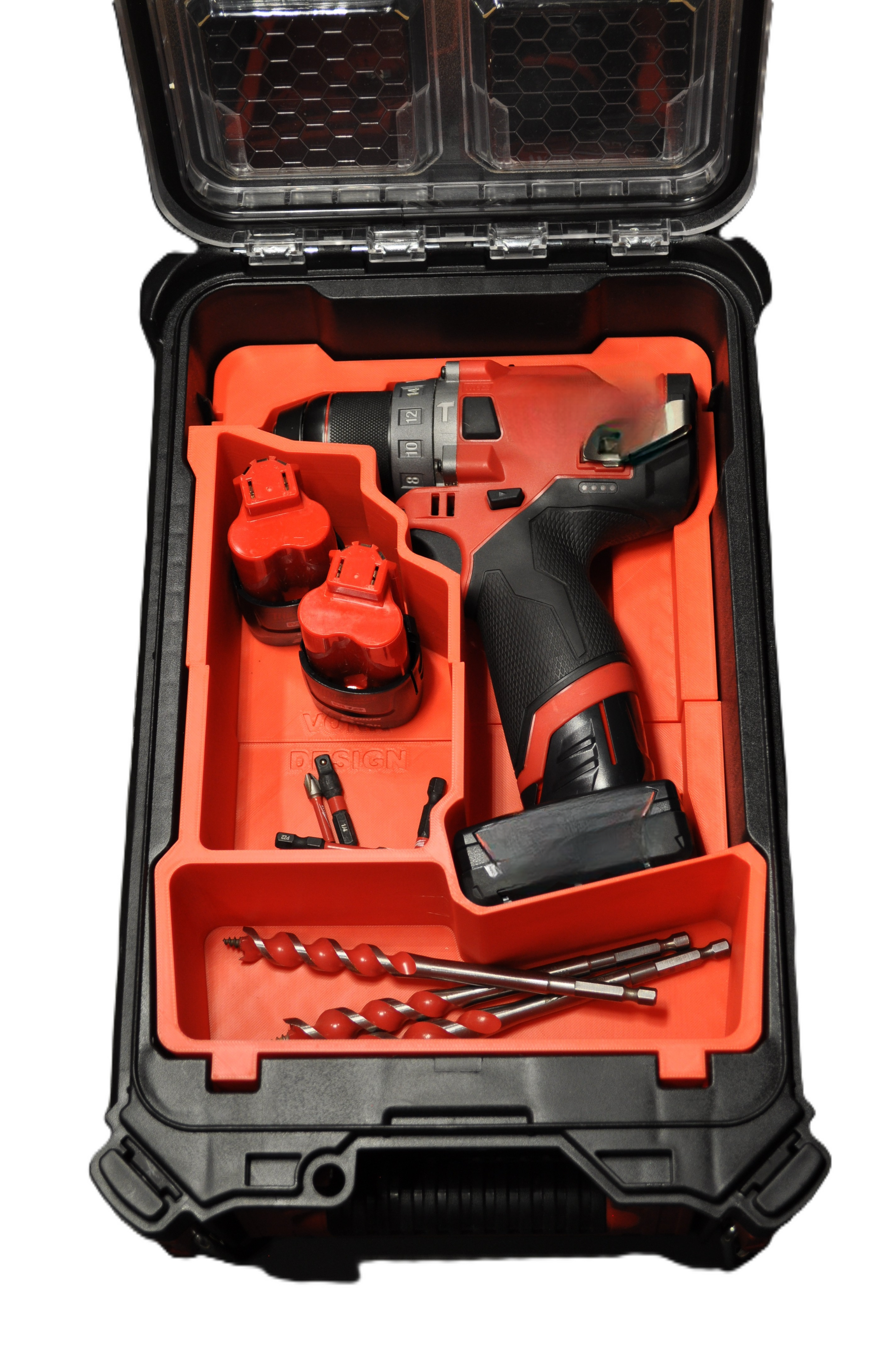 Close-up of Milwaukee M12 Fuel Drill Gen 2 Compatible Insert for Packout Box 48228435 – Insert Only showing drill and accessories in a tidy layout.