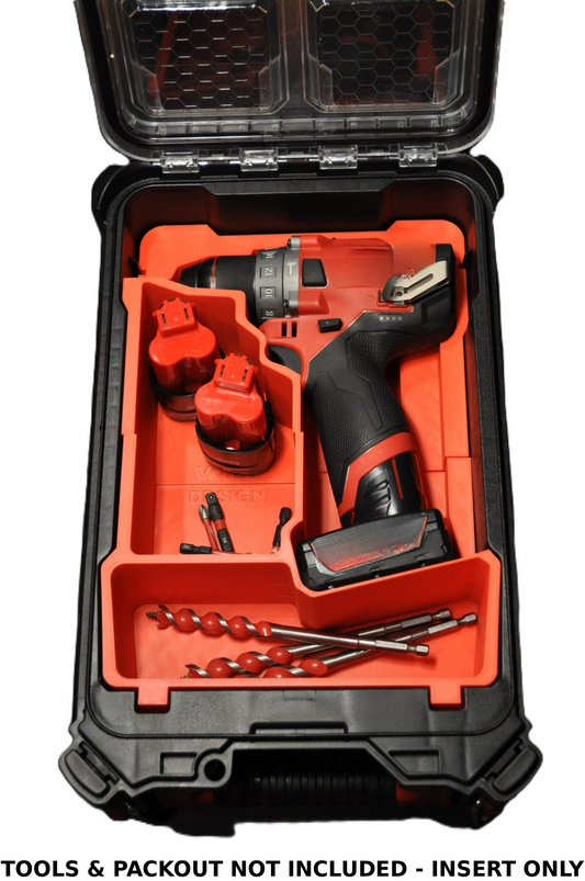 Milwaukee M12 Fuel Drill Gen 2 Compatible Insert for Packout Box 48228435 – Insert Only displayed with drill, batteries, and bits organized securely.