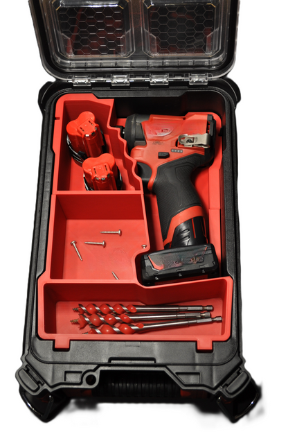 Packout Insert for Milwaukee M12 Fuel Impact Driver Gen 3 2553-20/M12FID inside a Packout box, featuring a neatly arranged space with compartments for batteries and tools, emphasizing organization.