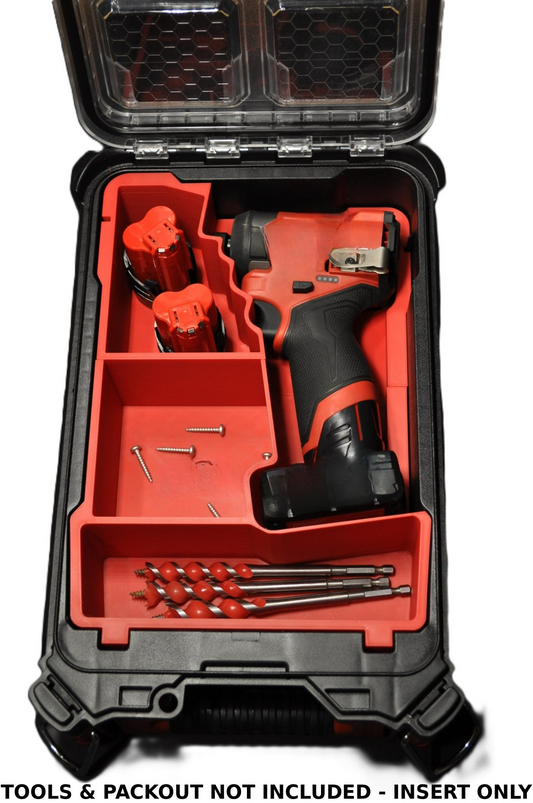 Packout Insert for Milwaukee M12 Fuel Impact Driver Gen 3 2553-20/M12FID placed inside a Packout box, showcasing an organized layout for tools and accessories, with red compartments.