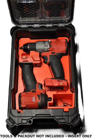 Packout Insert for Milwaukee M18 Fuel Hammer Drill & Impact Driver - Insert Only, showcasing tools neatly organized within a custom red and black insert inside a Packout box.