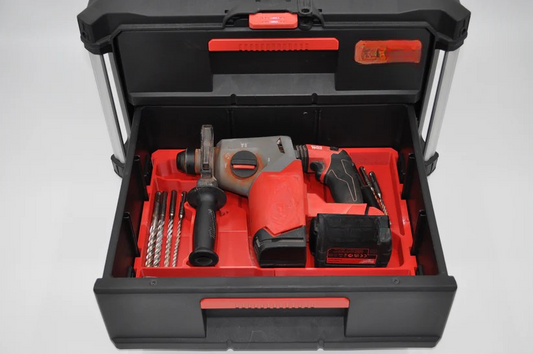 Milwaukee M18 Fuel SDS Rotary Hammer Drill Insert showcased in a well-organized toolbox, featuring a rotary hammer drill, battery, and drill bits, compatible with models 2712-20, 2912-20, and M18CHX.