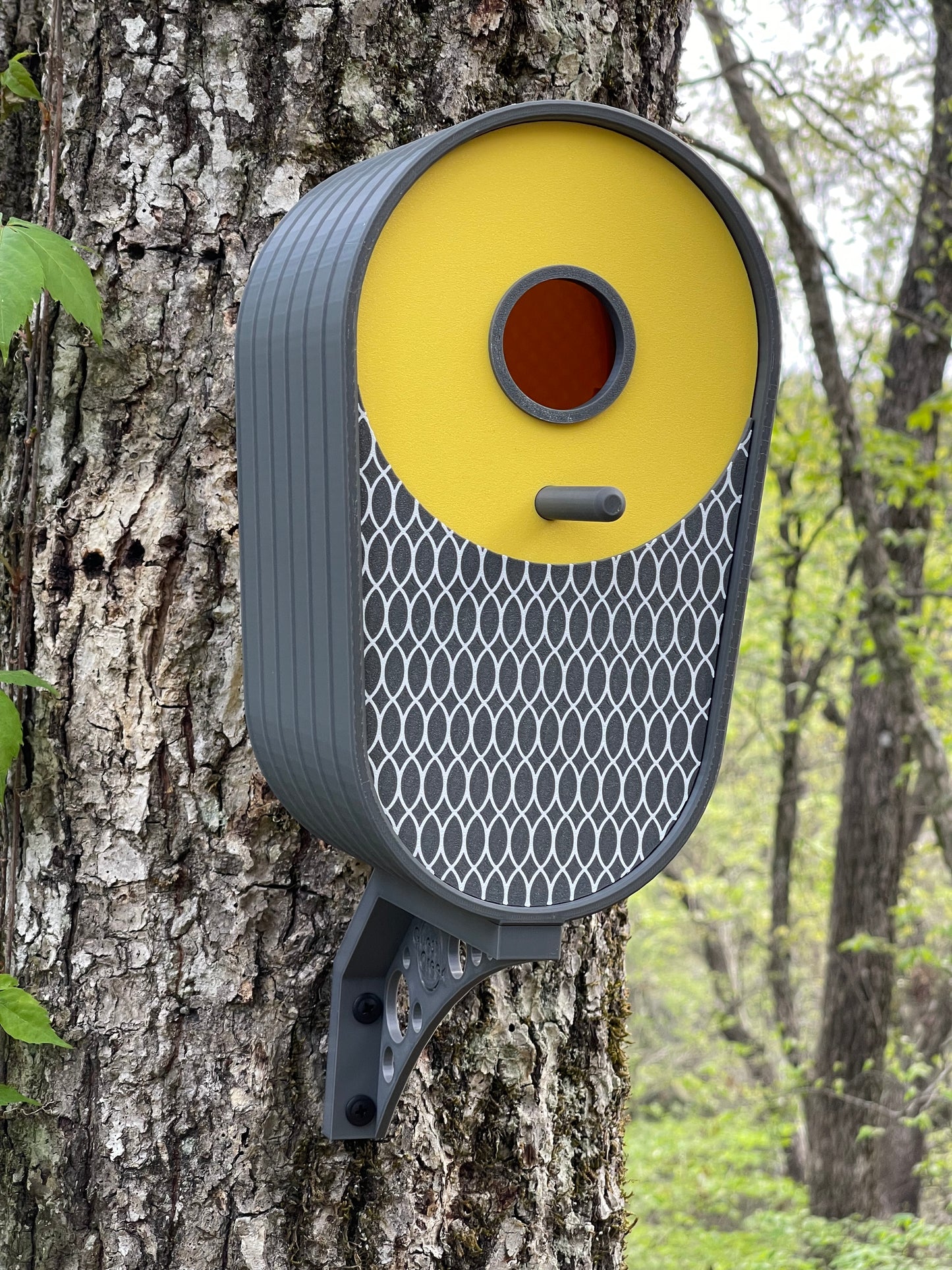 Modern Vertical Oval Birdhouse - Dark Grey with Yellow Accent