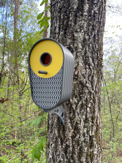 Modern Vertical Oval Birdhouse - Dark Grey with Yellow Accent