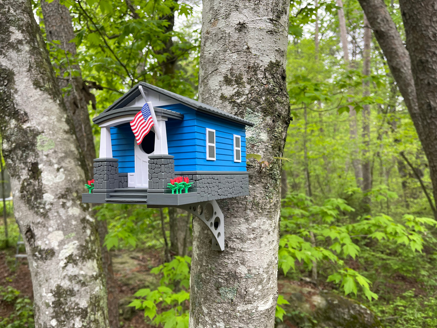 Craftsman Bungalow Birdhouse - Lake Blue & Dark Grey Architectural Design