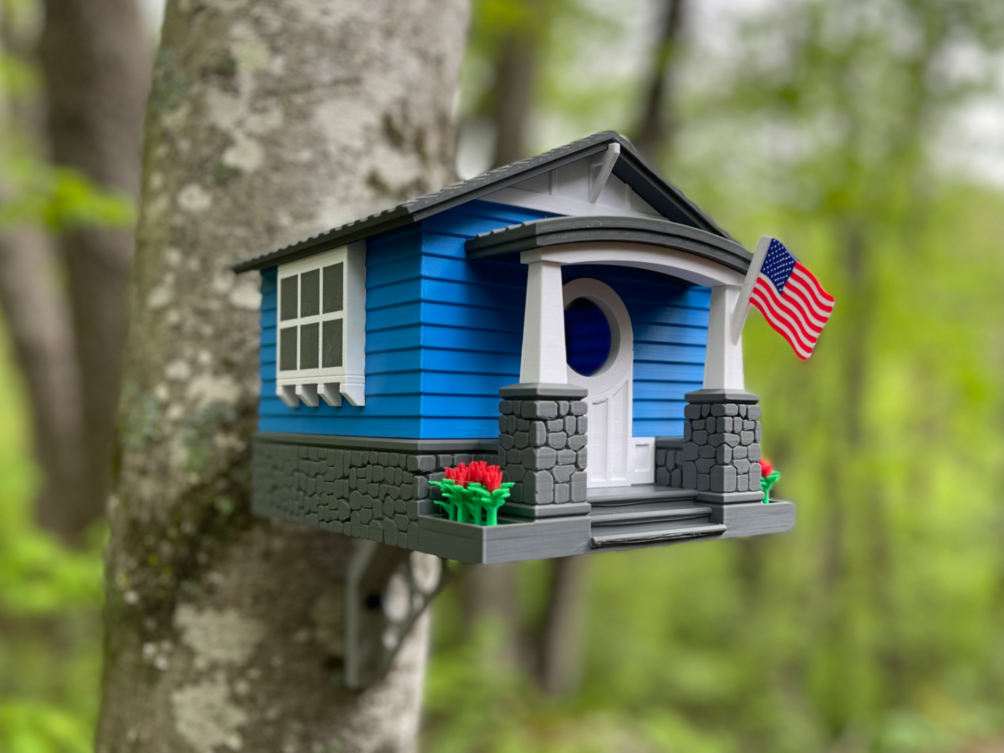 Craftsman Bungalow Birdhouse - Lake Blue & Dark Grey Architectural Design