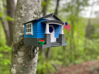 Craftsman Bungalow Birdhouse - Lake Blue & Dark Grey Architectural Design