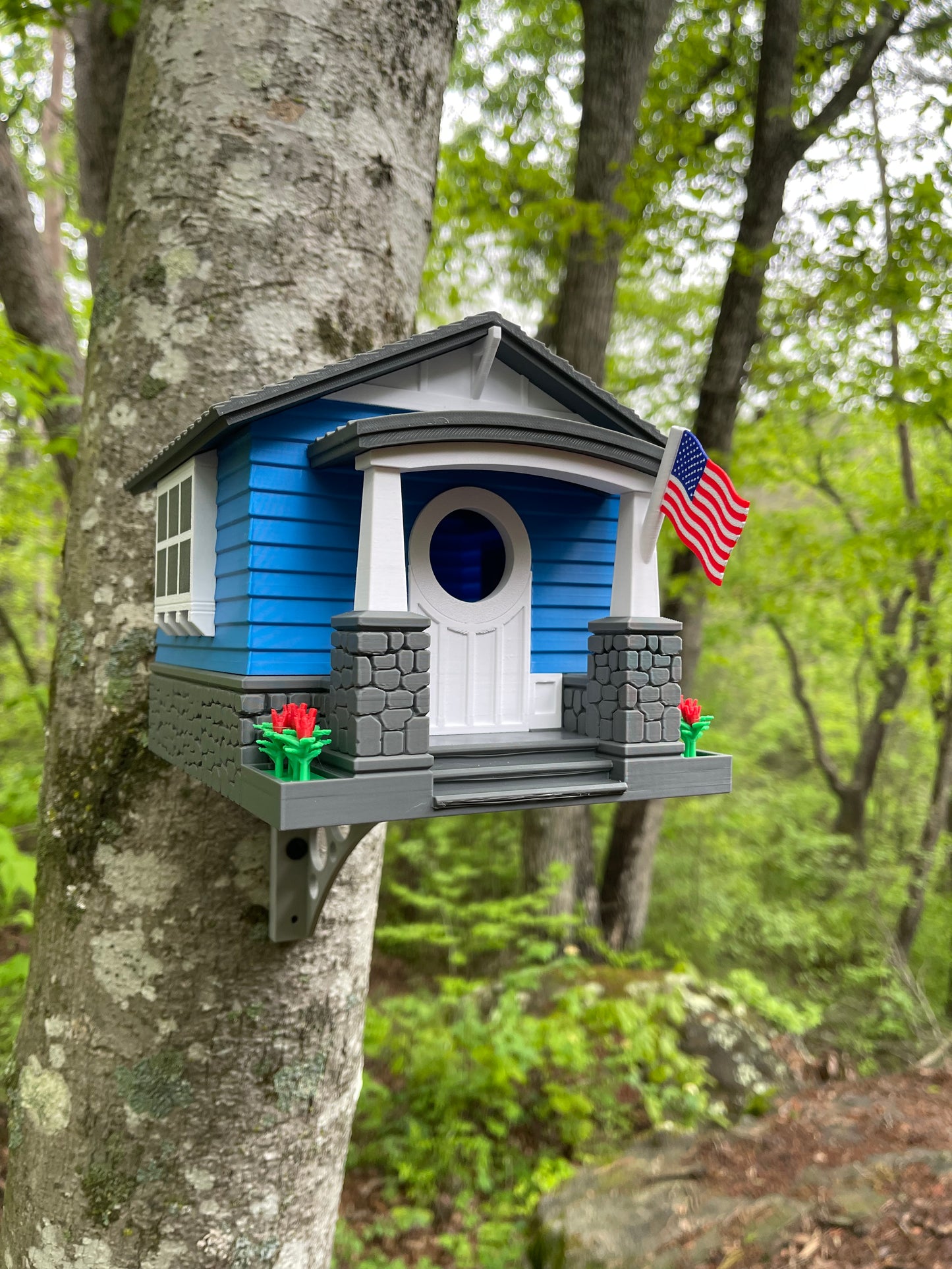 Craftsman Bungalow Birdhouse - Lake Blue & Dark Grey Architectural Design