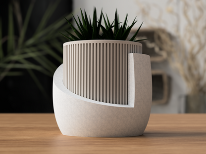Japandi Ribbed Planter with Drip Tray - Minimalist Indoor Pot