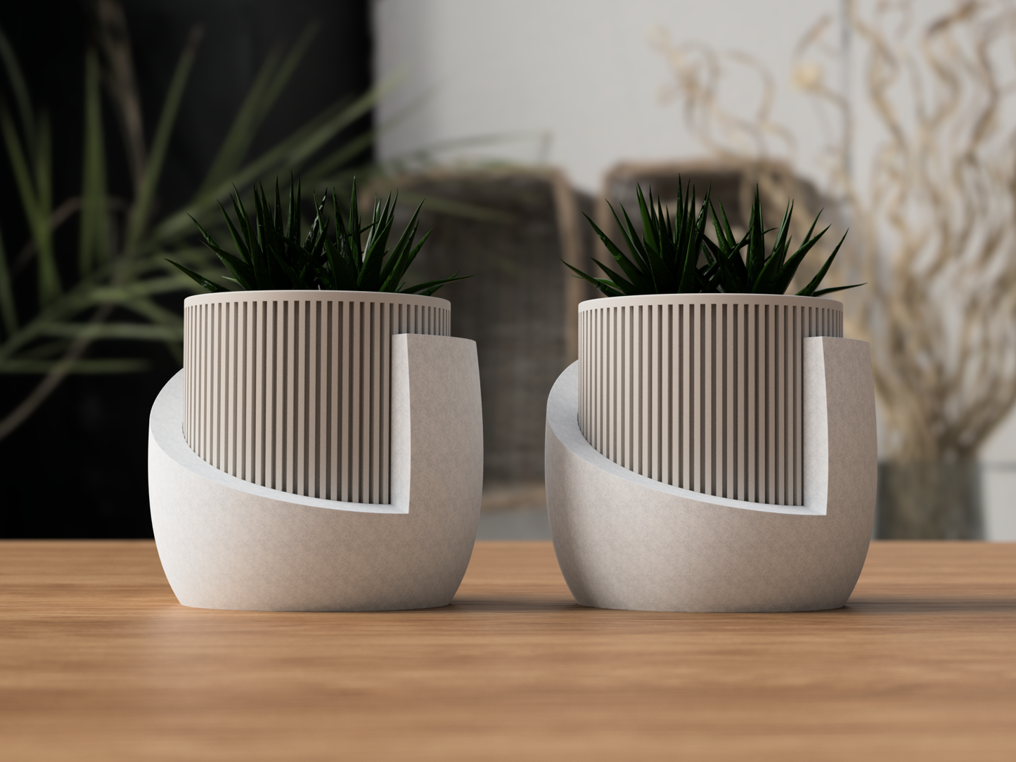 Japandi Ribbed Planter with Drip Tray - Minimalist Indoor Pot