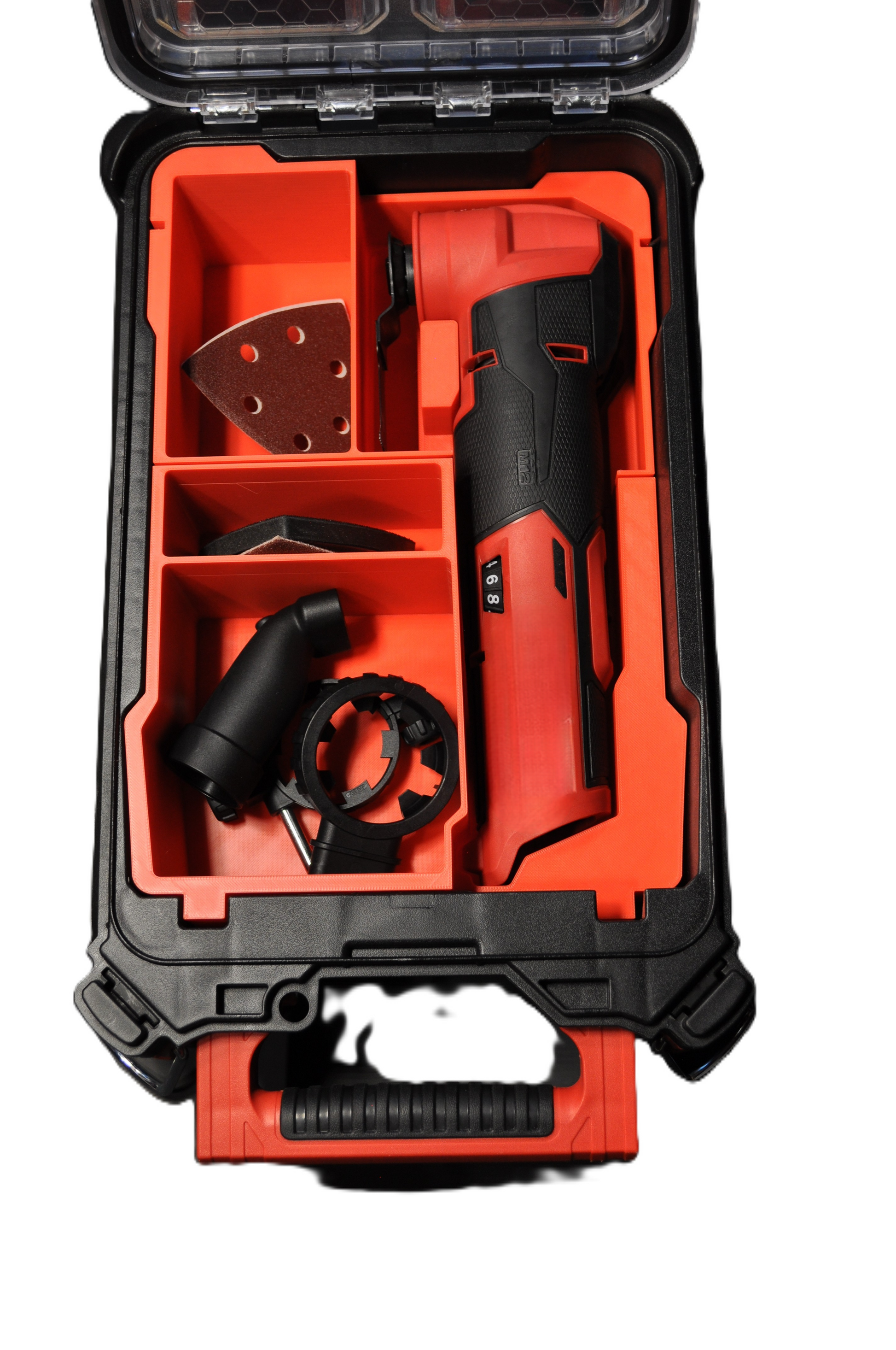 Milwaukee Packout Insert for M12 Fuel Oscillating Multi-Tool 2526-20 showing organized tool storage with compartments for accessories inside a Packout Box.